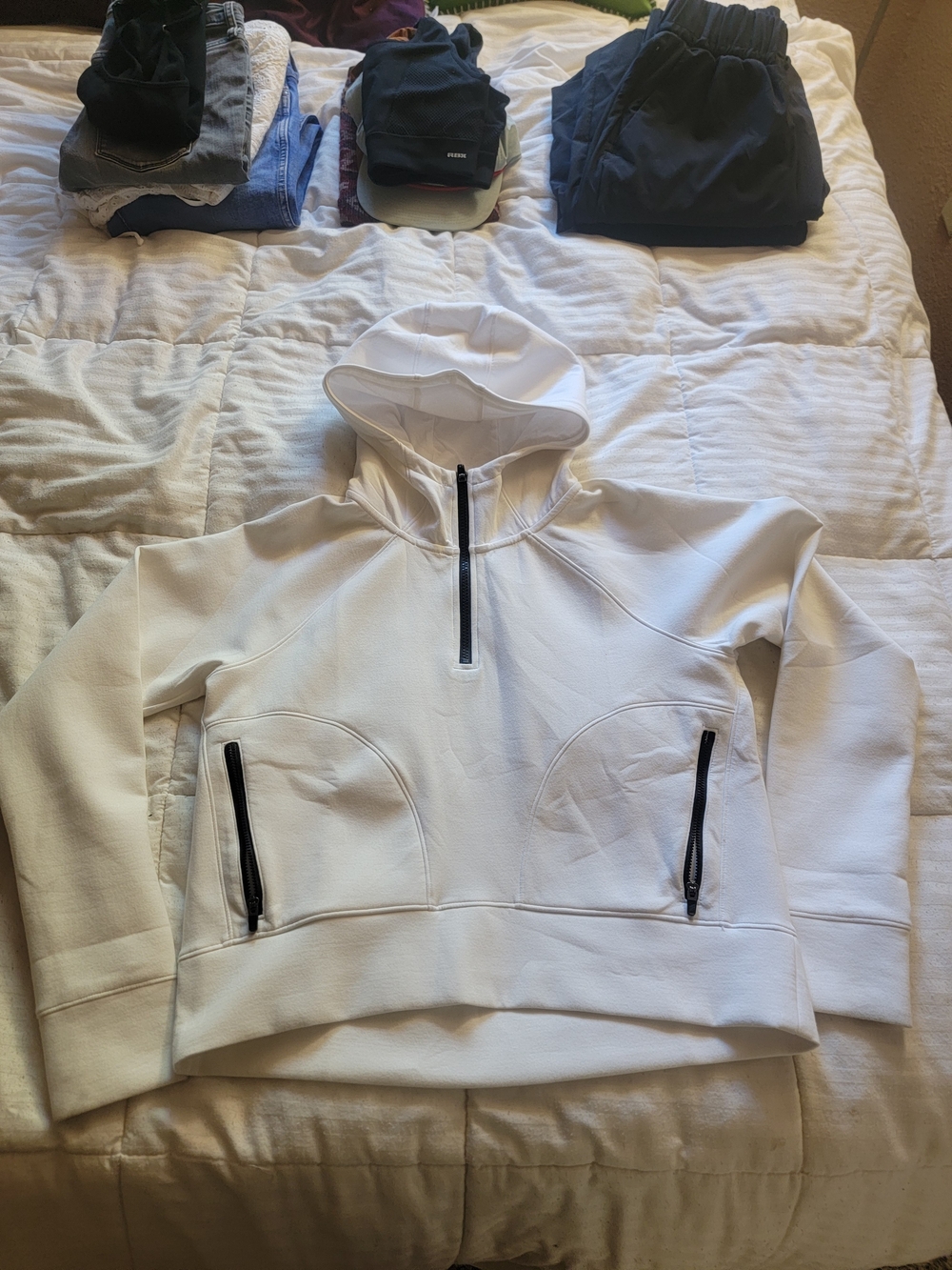 White Hooded Quarter-Zip Sweatshirt with Zipper Pockets